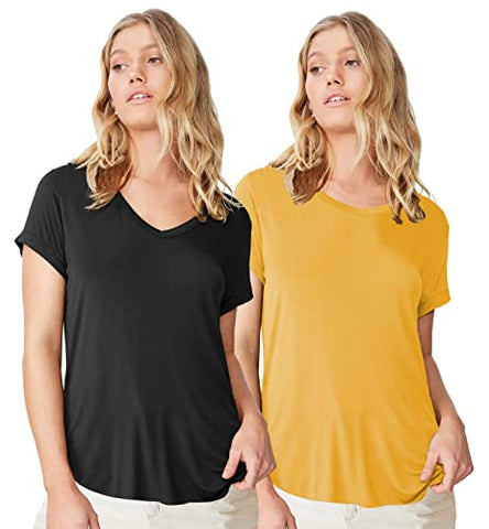 Image of Fabricorn Combo of Plain Black V-Neck and Mustard Yellow Round Neck Up and Down Cotton Tshirt for Women (Black and Mustard Yellow, Small)