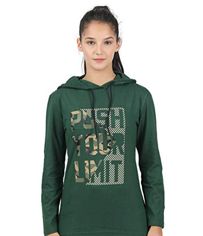 Image of TEES PARK Women's Hooded Printed Full Sleeve Tshirt (Forest Green, X-Large)