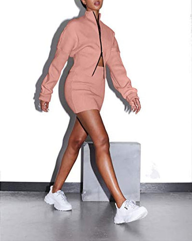 Image of XLLAIS Women's Ribbed Double Zipper Tops Sets Tracksuits Pink M