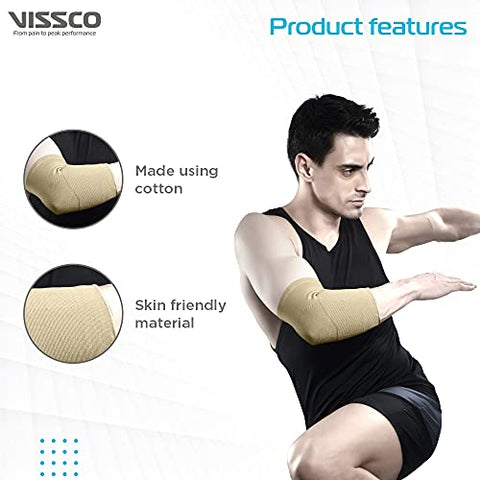 Image of Vissco Elbow Support Relief Belt for Elbow Joint Pain, Sport Injuries, Tennis Elbow, Joint Sprain & Strain For Men & Women | Elbow Support for Gym | Sleeves for Cricket, Volleyball - Medium (Beige)