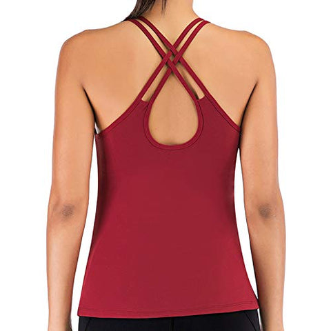 Image of Womens Yoga Tank Tops with Built in Bra Strappy Back Workout Tops Sports Racerback Activewear (#B-Red, X-Large)