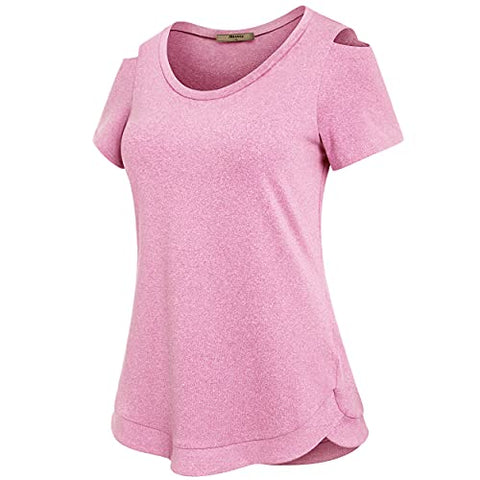 Image of Miusey Workout Clothes for Women, Girls Lightweight Breathable Sports Training Athletic Clothing Summer Causal Active Wear Shirts with Cold Shoulder Pink Medium