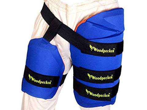 Image of Woodpecker Thigh Guard for Cricket (Blue and Orange with 3 Straps)
