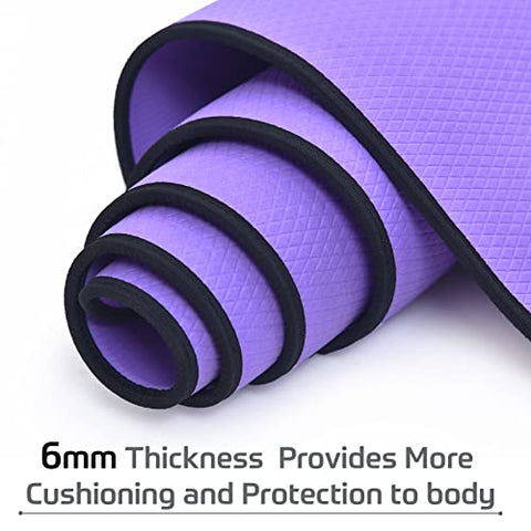 Image of beatXP Purple Color Yoga Asan Mat (6mm) With Black Edges & Carry Strap, Non Slip Extra Thick, High Resilience Exercise Mat For Meditation, Pilates, Stretching, Floor & Gym Fitness Workouts Ideal For Men and Women