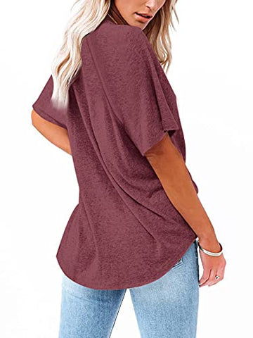 Image of Women's V Neck Off The Shouder Short Sleeve T Shirts Summer Loose Casual Loose Oversize Tops Burgundy Small