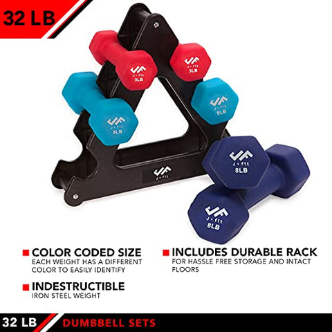 Image of j/fit Dumbbell Set w/Durable Rack | Solid Design | Double Neoprene Coated Workout Weights Non-Chip and Flake | Dumbbells Sets For Gyms, Pilates, MMA, Training, Schools, Rehabilitation Centers