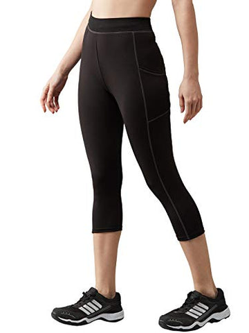 Image of BLINKIN Yoga Gym Workout and Active Sports Fitness Activewear 3/4th Skinny Fit Capri Tights for Women|Girls with Side Pockets(015,Black with Grey Contrast Thread,Size_L)