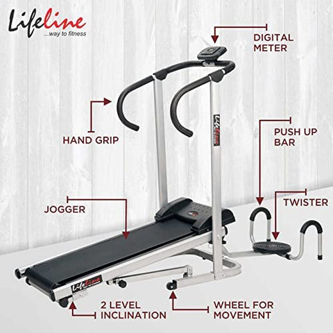 Image of Life Line 3 In 1 Fitness Manual Treadmill with Twister and Pushup Bar for Weight Loss at Home (Silver, Black)