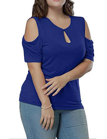 Image of Allegrace Women's Plus Size Keyhole Front Short Sleeve Top Cold Shoulder T Shirt Blue 4X