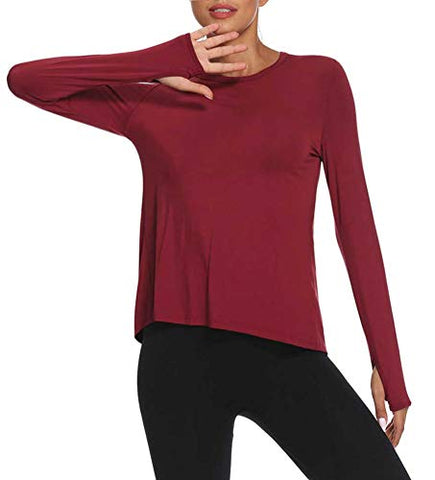 Image of Mippo Long Sleeve Wokout Tops for Women Loose Fit Exercise Yoga Tops Open Back Workout Thumb Hole Shirts Running Fitness Clothes Long Tank Tops Scoop Neck Sports Activewear 2020 Wine Red L