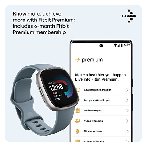Image of Fitbit Versa 4 Fitness Watch (Waterfall Blue / Platinum Aluminium) with 6-Month Premium Membership