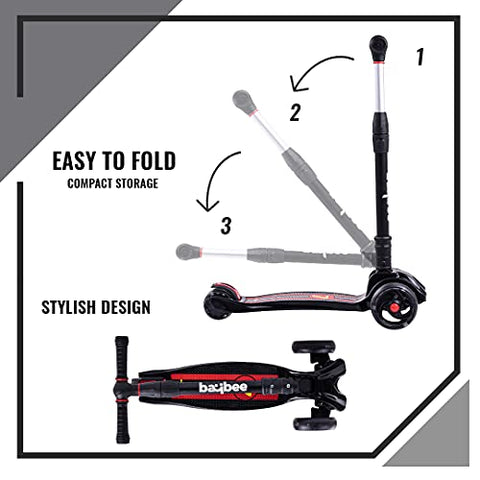 Image of Baybee Scooter for Kids, 3 Wheel Kids Scooter Smart Kick Scooter with Foldable & Height Adjustable Handle & Extra-Wide LED PU Wheels & Brake, Skate Scooter for Kids (ST4-Black)
