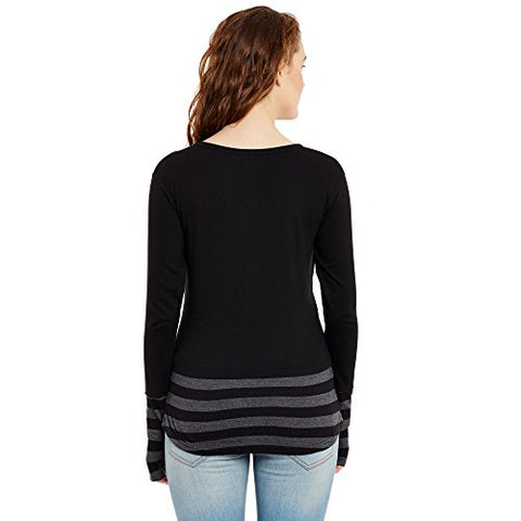 Image of HYPERNATION Black and Grey Stripe Round Neck Thumb Insert Cotton Blend T-Shirt for Women(HYPW01355)