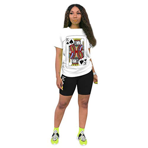 Image of Women 2 Piece Sports Outfits Sets-Short Sleeve Poker Print T Shirts + Short Pants Bodycon Jumpsuit Set Clubwear Tracksuit Jogging Suit QM4056 Black-S