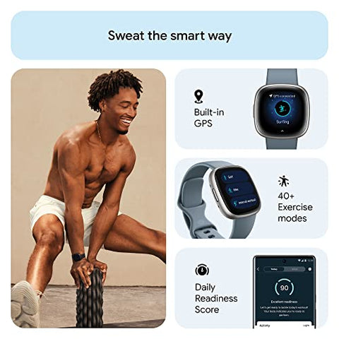 Image of Fitbit Versa 4 Fitness Watch (Waterfall Blue / Platinum Aluminium) with 6-Month Premium Membership