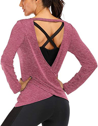 Image of ICTIVE Long Sleeve Workout Shirts for Women Loose fit Workout Tops for Women Backless Summer Long Sleeve Shirts for Women Yoga Shirts Athletic Shirts Gym Tops Running Shirts Rose M