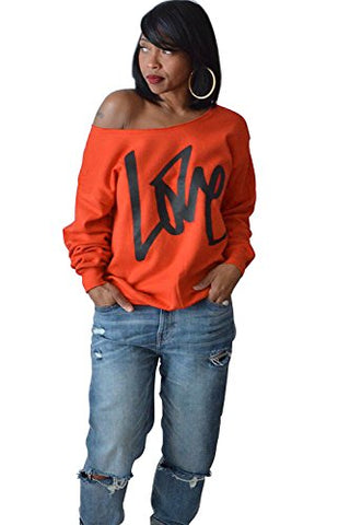 Image of Yanekop Womens Love Sweatshirt Letter Print Off The Shoulder Slouchy Pullover(Orange,S)