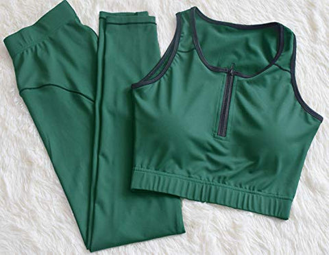 Image of Glamaker Women's 2 Piece Yoga Workout Tracksuit Outfits - Sport Tank Crop Top and Compression High Waisted Leggings Casual Activewear Sets Green Small