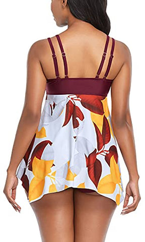 Image of Womens Athletic Two Piece Swimsuits Tummy Control Swimsuit for Women Bathing Suits with Sporty Shorts, Light Purple Leaf, 20-22