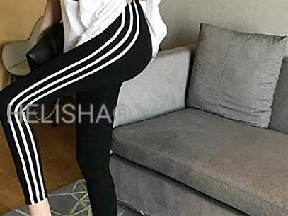 Image of HELISHA® Gym wear Leggings Ankle Length Free Size Combo Workout Trousers | Stretchable Striped Jeggings |Mid Waist Sports Fitness | Yoga Track Pants for Women & Girls (Pack of 2) (Black With White-Line+Black-With-Red-Line)