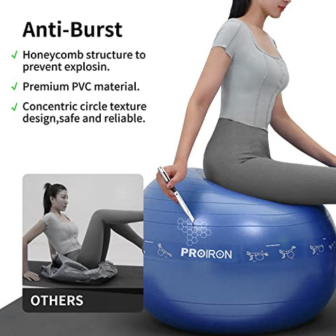 Image of PROIRON Printed Yoga Ball-55cm Blue Exercise Ball with Postures Shown on The Yoga Ball, Pregnancy Ball, Anti-Burst Gym Ball, Swiss Ball with Pump, Birthing Ball for Yoga, Pilates, Fitness, Labour