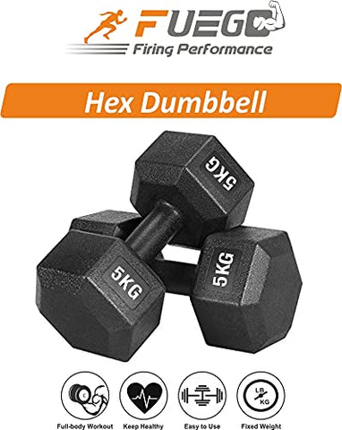 Image of FUEGO Dumbbells, Black PVC Hex Dumbbell Set, 1 Pair Hex Dumbbells, Dumbbells, Home Gym () (BLACK 5KGS PAIR)