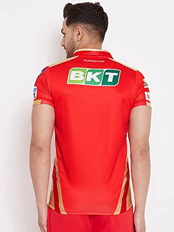 Image of T10 Sports KXIP Punjab Player Jersey Ed.2021 Half Sleeve Red & Gold | Kings XI Punjab Jersey | Punjab Kings Player Jersey | KXIP Player T-Shirt | IPL Cricket T-Shirt for Unisex Red