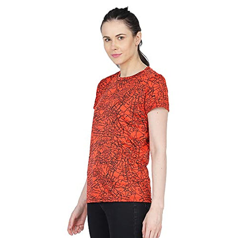 Image of URBAN CIRCUS Polyester Women's Round Neck Half Sleeve Yoga Gym Sports Dryfit Active Wear T Shirt (Green and Orange Combo, Large)