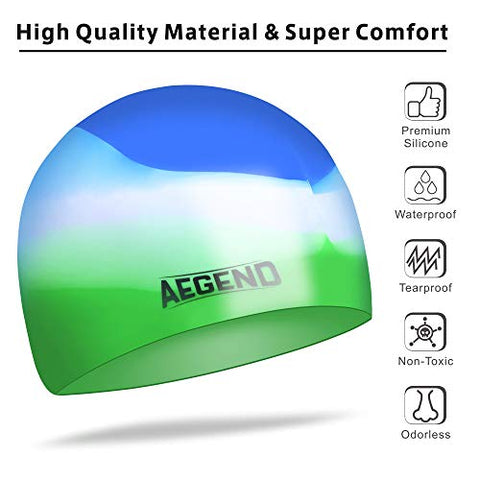 Image of aegend Youth Swim Cap (Age 5-10), 2 Pack, Blue & Green