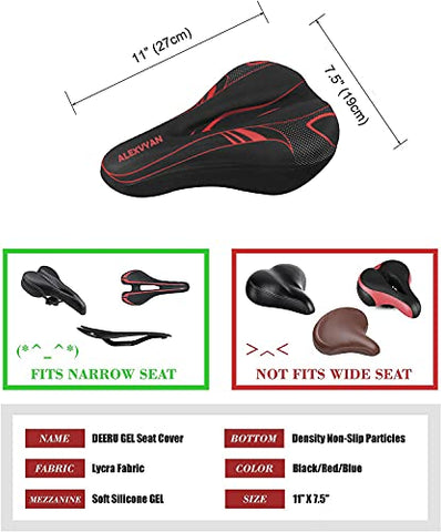 Image of AlexVyan Soft Bicycle Silicone Gel Saddle Cover ( 11*7.5 Inch) Cycling Cushion Pad City Cycle Seat Cover Gym Cycle Gel Cover -Fits Narrow/Slim Seats (Black and Red)