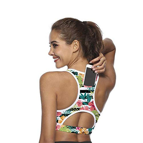 Image of Ultrafun Women Running Sports Bra Back Pocket Padded Activewear Bra Tank Tops (Flower, Large)