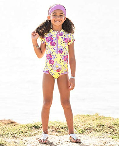 Image of RuffleButts Girls Daisy Delight Short Sleeve One Piece Rash Guard - 3T