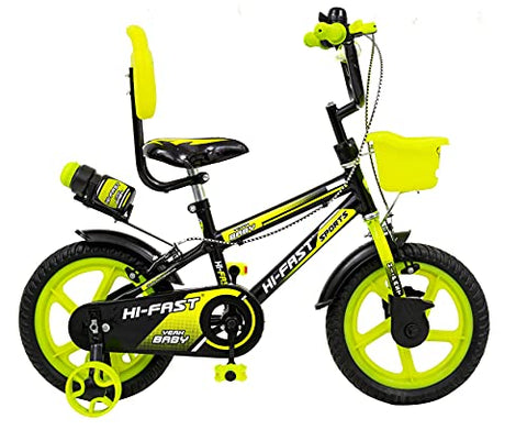 Image of HI-FAST 14 Inch Sports Semi-Assembled Cycle for Boys & Girls of 3 to 5 Years with Training Wheels (Frame: 14, Green)
