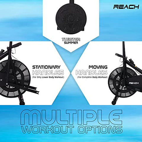 Image of Reach AB-110 Air Bike Exercise Fitness Gym Cycle with Moving or Stationary Handle Adjustments for Home - 3 Options (Normal Seat | Back Support Seat |Twister) (Back Support Seat & Twister)