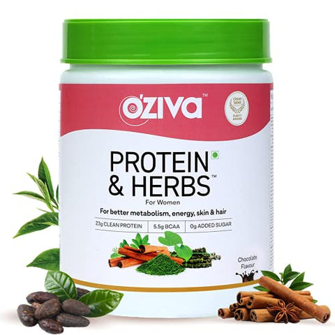 Image of OZiva Protein & Herbs, Women, (Natural Protein Powder with Ayurvedic Herbs like Shatavari, Giloy, Curcumin & Multivitamins for Better Metabolism, Skin & Hair) Chocolate,500g