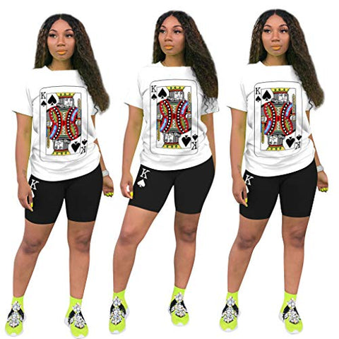 Image of Women 2 Piece Sports Outfits Sets-Short Sleeve Poker Print T Shirts + Short Pants Bodycon Jumpsuit Set Clubwear Tracksuit Jogging Suit QM4056 Black-S