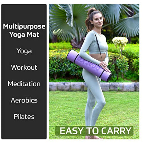 Image of beatXP Purple Color Yoga Asan Mat (6mm) With Black Edges & Carry Strap, Non Slip Extra Thick, High Resilience Exercise Mat For Meditation, Pilates, Stretching, Floor & Gym Fitness Workouts Ideal For Men and Women