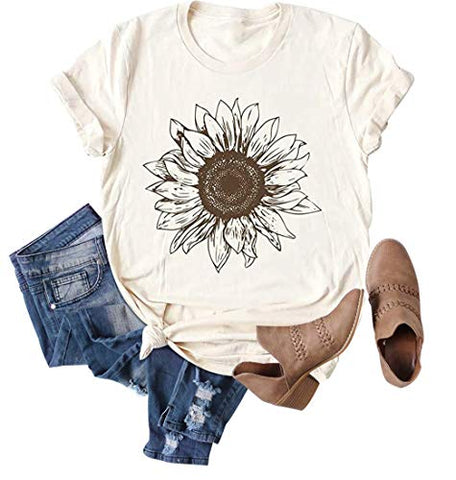 Image of Chulianyouhuo Sunflower Graphic Shirt for Women Cute Flower Short Sleeve Casual Tee Tops Beige