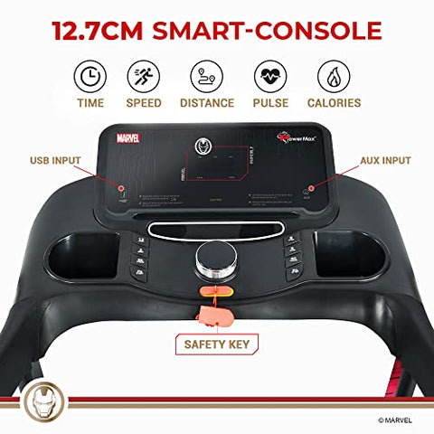 Image of PowerMax Fitness X Marvel MTM-2500 Iron Man Edition (4HP Peak) Smart Folding Electric Treadmill with Manual Incline, MP3, Speaker, Exercise Machine for Home Gym and Cardio Training (Red)