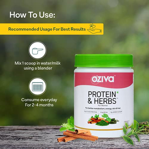 Image of OZiva Protein & Herbs, Women, (Natural Protein Powder with Ayurvedic Herbs like Shatavari, Giloy, Curcumin & Multivitamins for Better Metabolism, Skin & Hair) Chocolate,500g