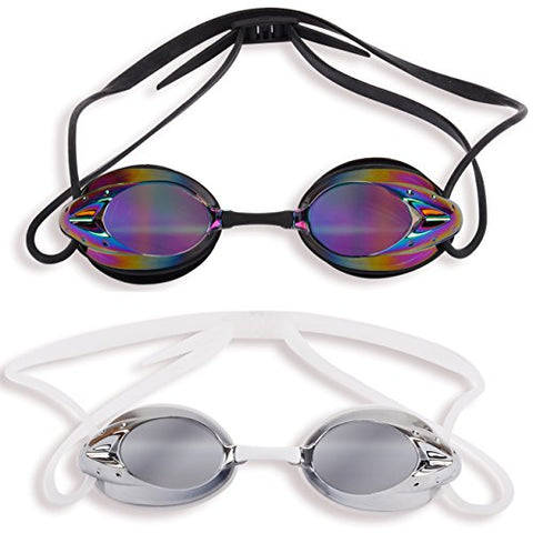 Image of The Friendly Swede 2 Pack Swim Goggles for Adults with Interchangeable Nose Pieces and Protective Cases, Mirrored (Black + White)