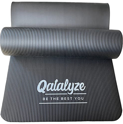 Image of Qatalyze Extra Large and Thick Yoga Mat for Men and Women (6 feet 2.7 inch long, 70 cm wide and 12mm thick), Anti Slip Strong Grip Exercise Mat With Carry Strap for Workout and Gym (Black)