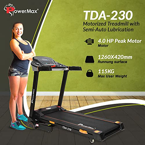Image of PowerMax Fitness TDA-230 (4HP Peak) Smart Folding Electric Treadmill with Auto Incline, MP3, Speaker, DIY and Virtual Assistance, Exercise Machine for Home Gym and Cardio Training