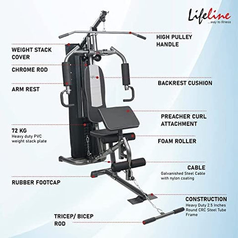 Image of Lifeline Fitness HG-005 Home Gym with LB-311 Adjustable Bench (8 Levels), Multipurpose All in One Home Gym Workout Combo
