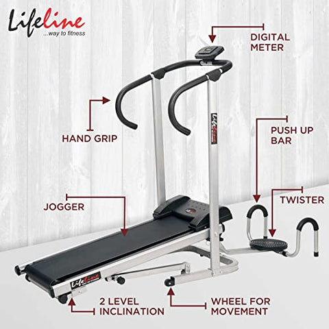 Image of Life Line Fitness LT-202 Manual Treadmill 3in1 with a Twister and Push-up Stand & Walking and Running Foldable Multifunctional Jogger Machine 2 Level Inclination, Made in India, Black