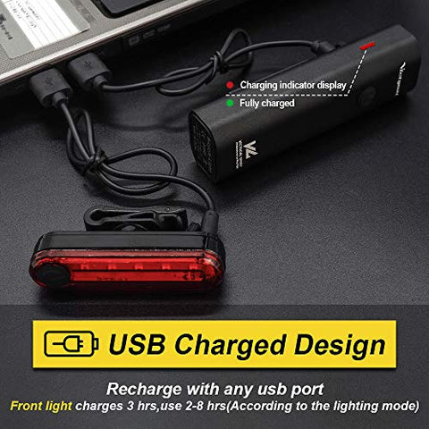 Image of VICTGOAL USB Rechargeable Bicycle Light Set 400 Lumen Super Bright Headlight Front Lights and Back Rear LED 4 Light Mode Road Cycling Safety Flashlight Runtime 4+ Hours (Black)