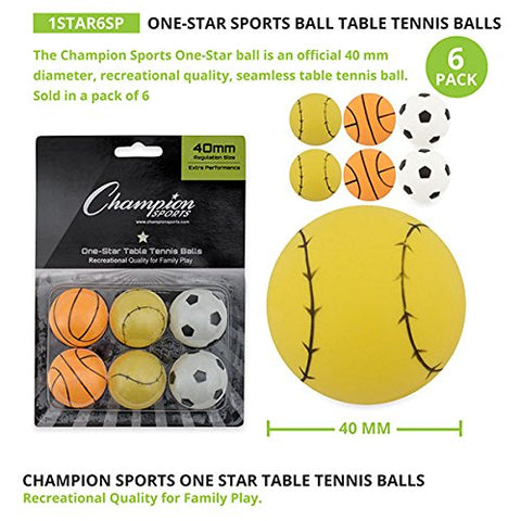 Image of Champion Sports 1 Star Table Tennis Ball Pack - Sport Theme Ping Pong Balls, Set of 6, with 40mm Seamless Design - Recreation Table Tennis Equipment, Accessories