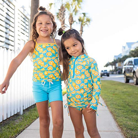Image of SwimZip Girl 3 Piece Long Sleeve Rash Guard, Tankini & Shorts - Lemons - 10-12