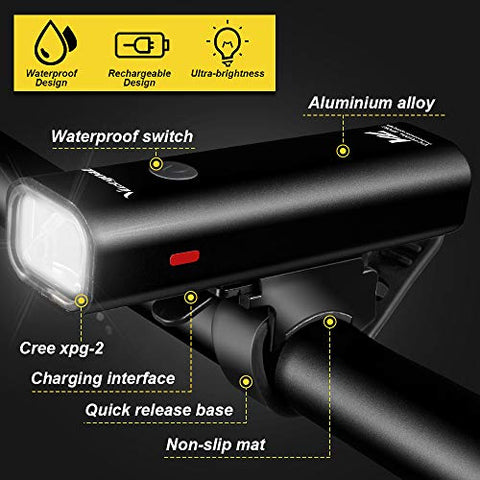 Image of VICTGOAL USB Rechargeable Bicycle Light Set 400 Lumen Super Bright Headlight Front Lights and Back Rear LED 4 Light Mode Road Cycling Safety Flashlight Runtime 4+ Hours (Black)