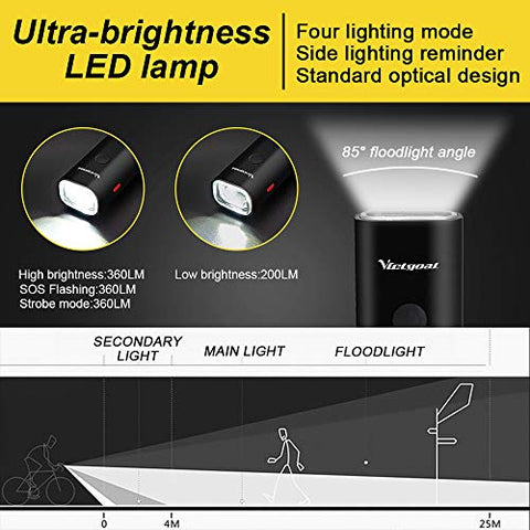 Image of VICTGOAL USB Rechargeable Bicycle Light Set 400 Lumen Super Bright Headlight Front Lights and Back Rear LED 4 Light Mode Road Cycling Safety Flashlight Runtime 4+ Hours (Black)